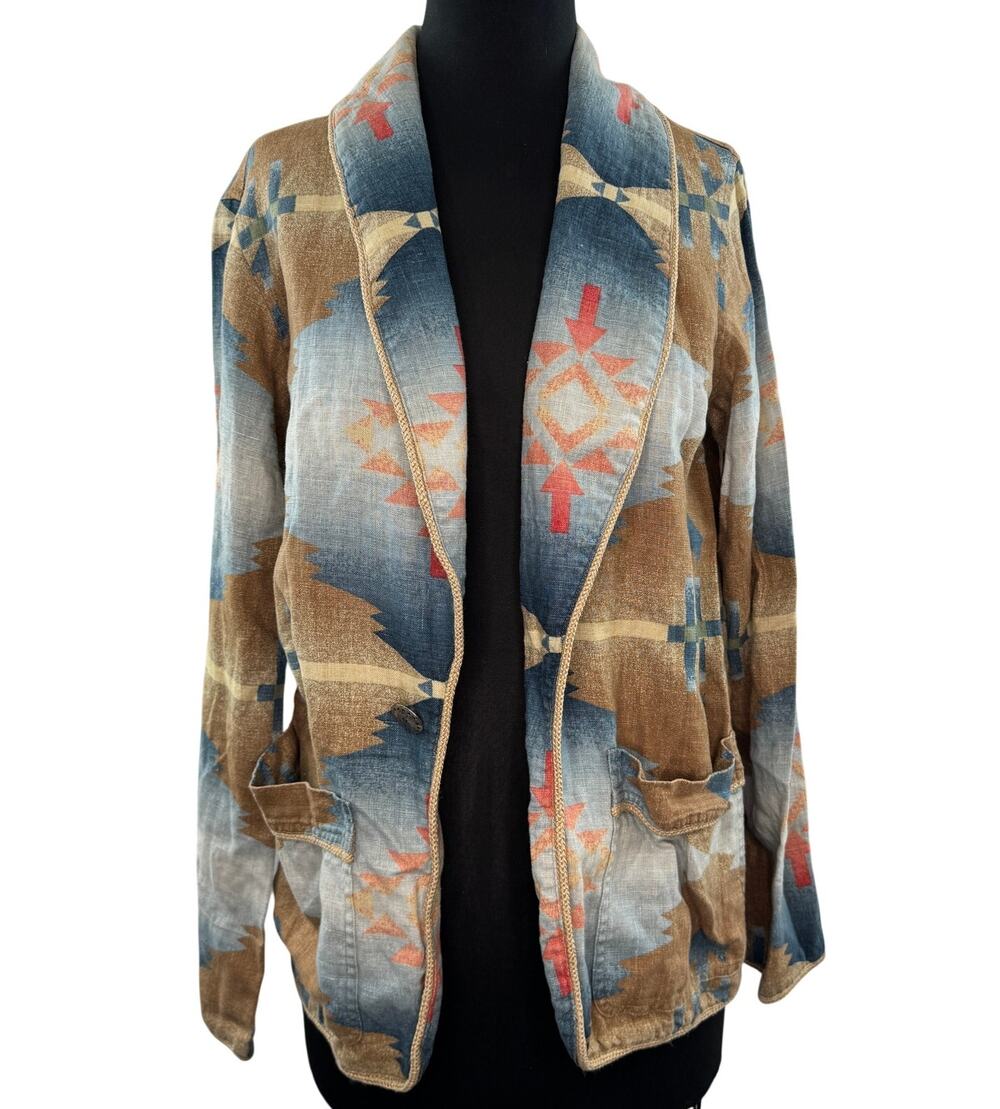 VINTAGE Jones New York Linen Aztec Southwestern Blazer Jacket Size Small S